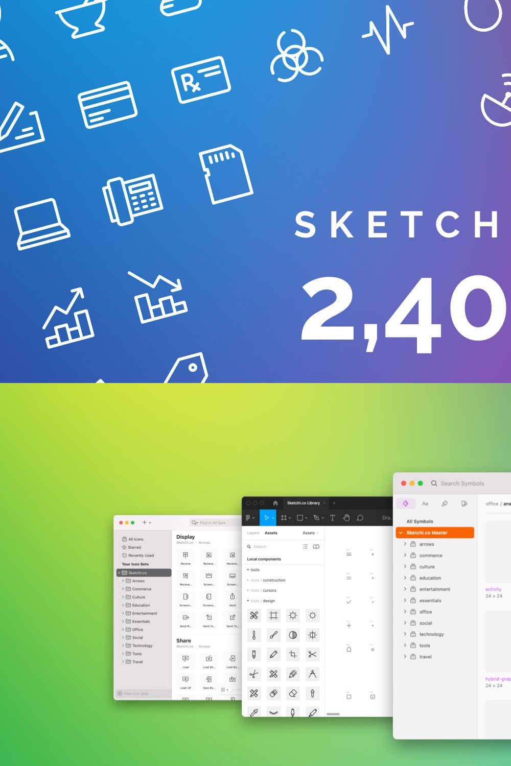 Sketchi.co 2,400 Icon Font & Library pinterest preview image.