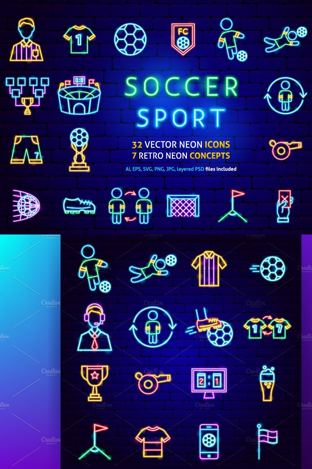 Soccer Football Neon Vector Icons pinterest preview image.