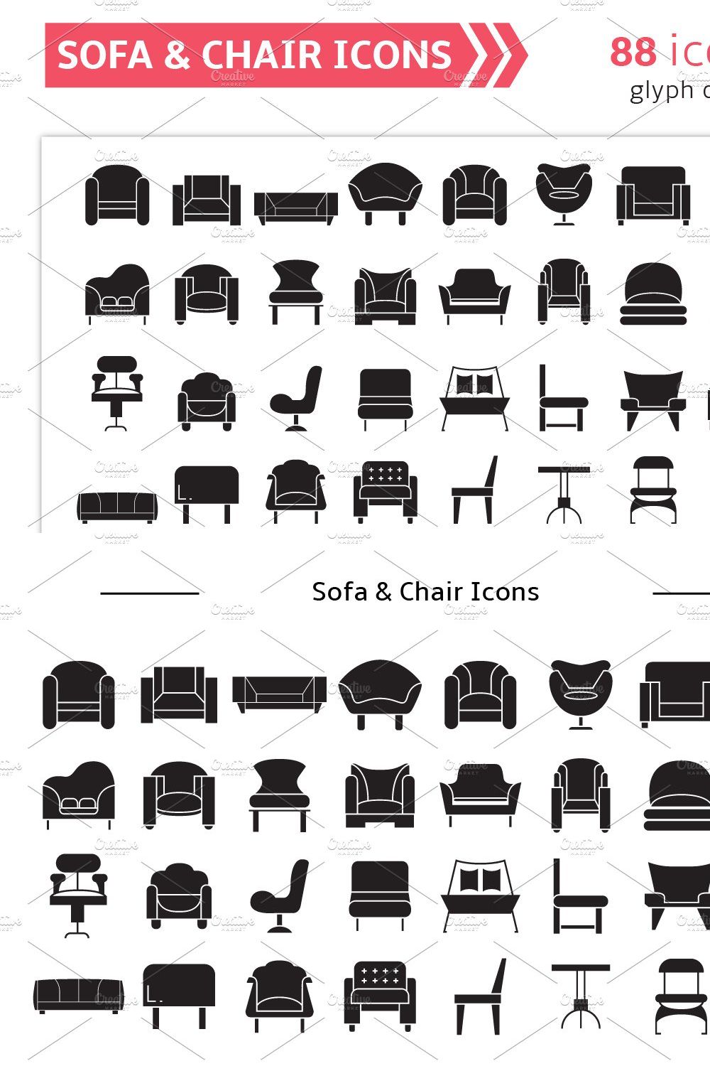 Sofa and Chair Icons Set pinterest preview image.