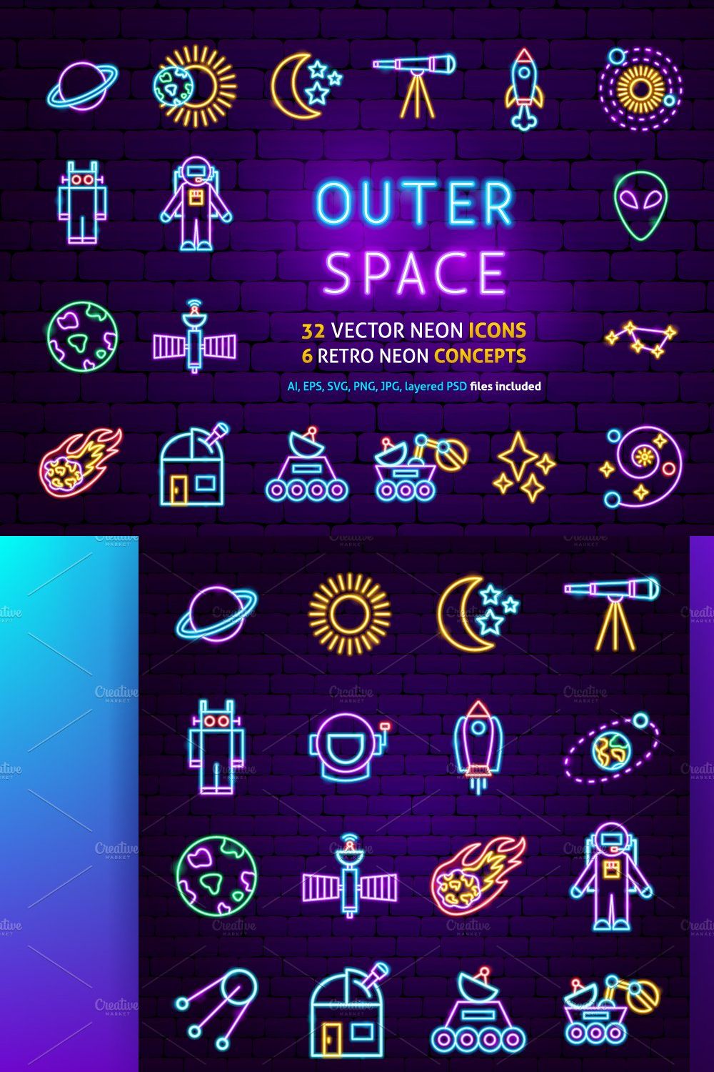 Space Cosmos Neon Vector Icons pinterest preview image.