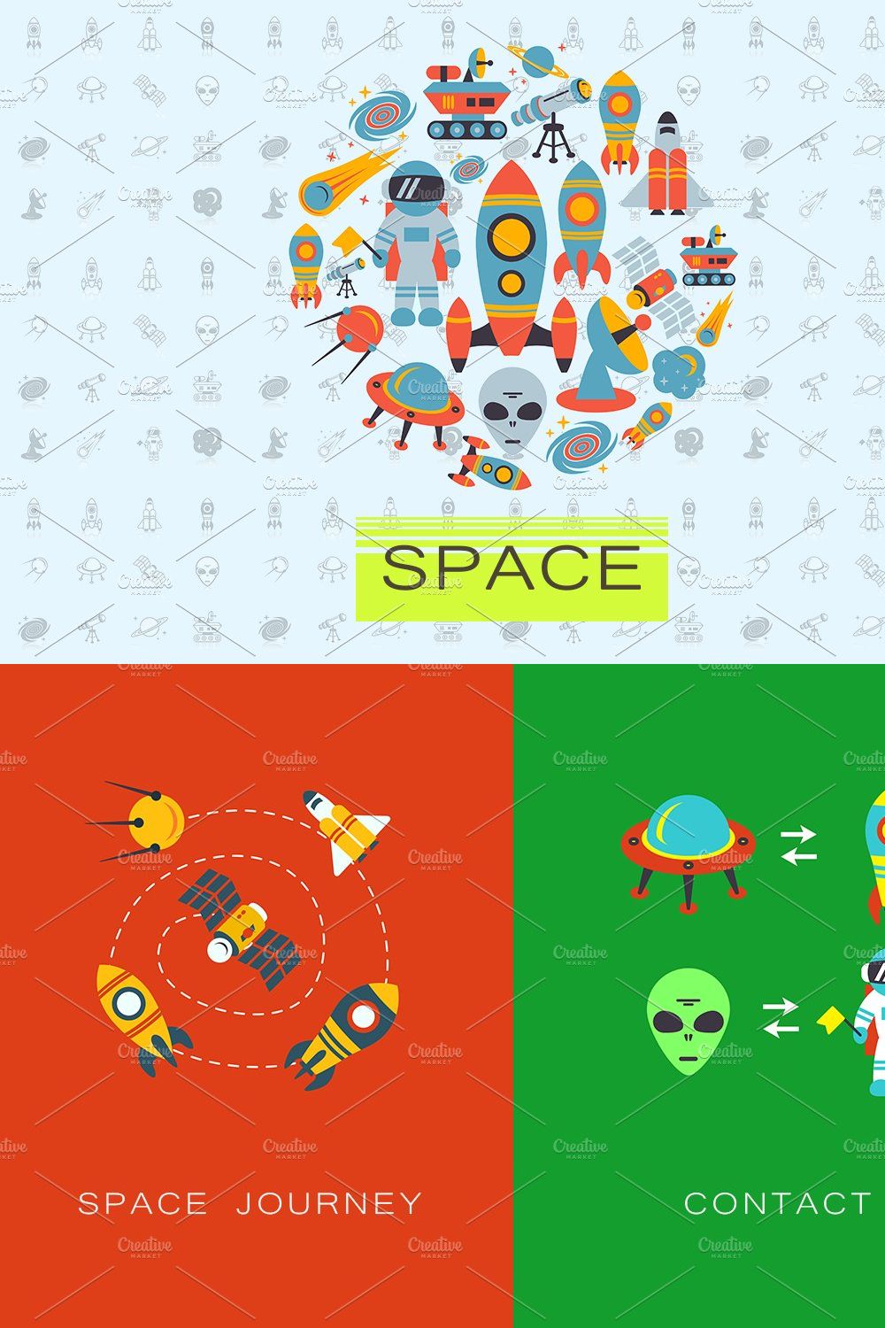 Space icons and flat vector patterns pinterest preview image.