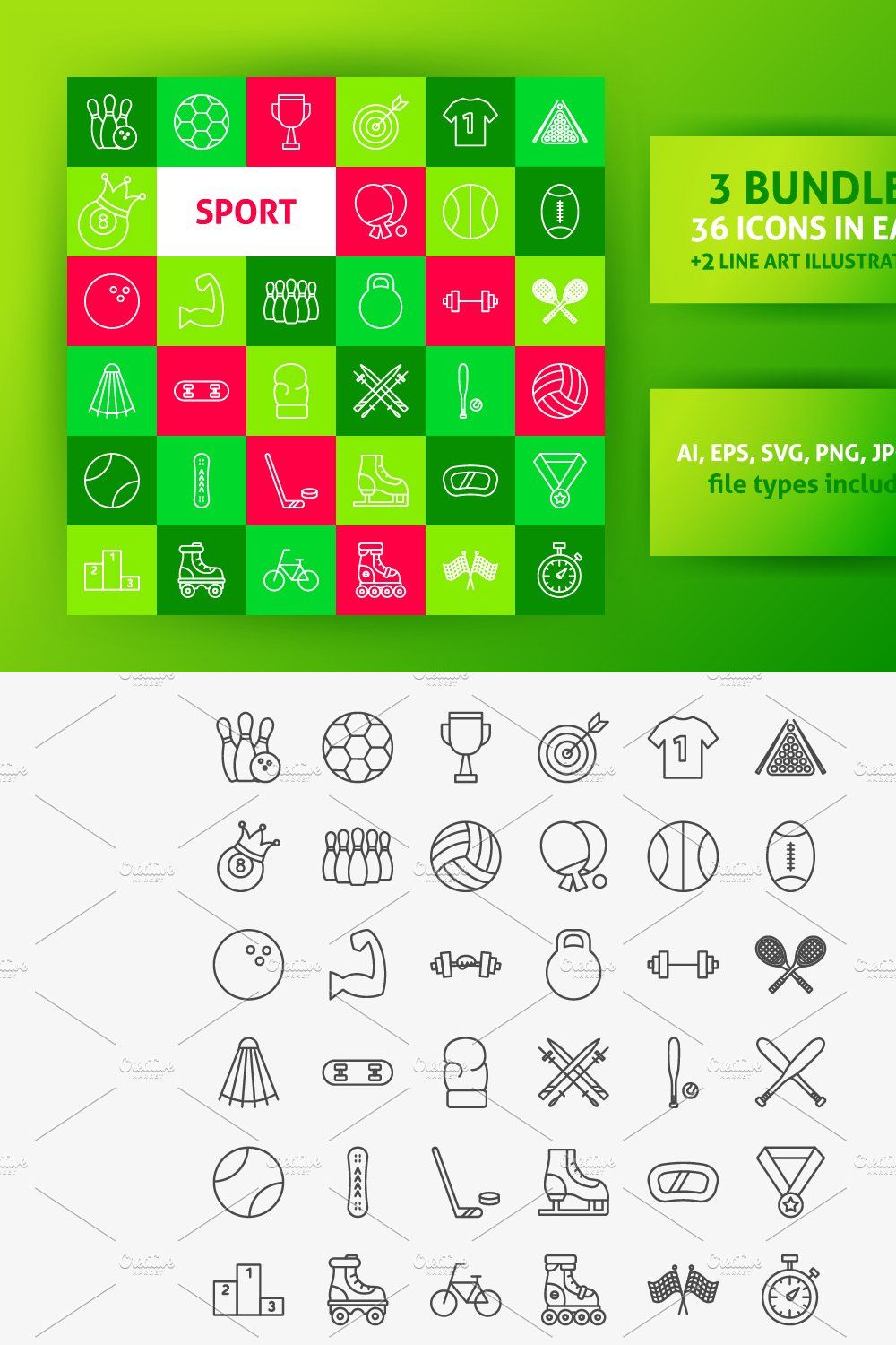 Sport Fitness Line Vector Icons Set pinterest preview image.