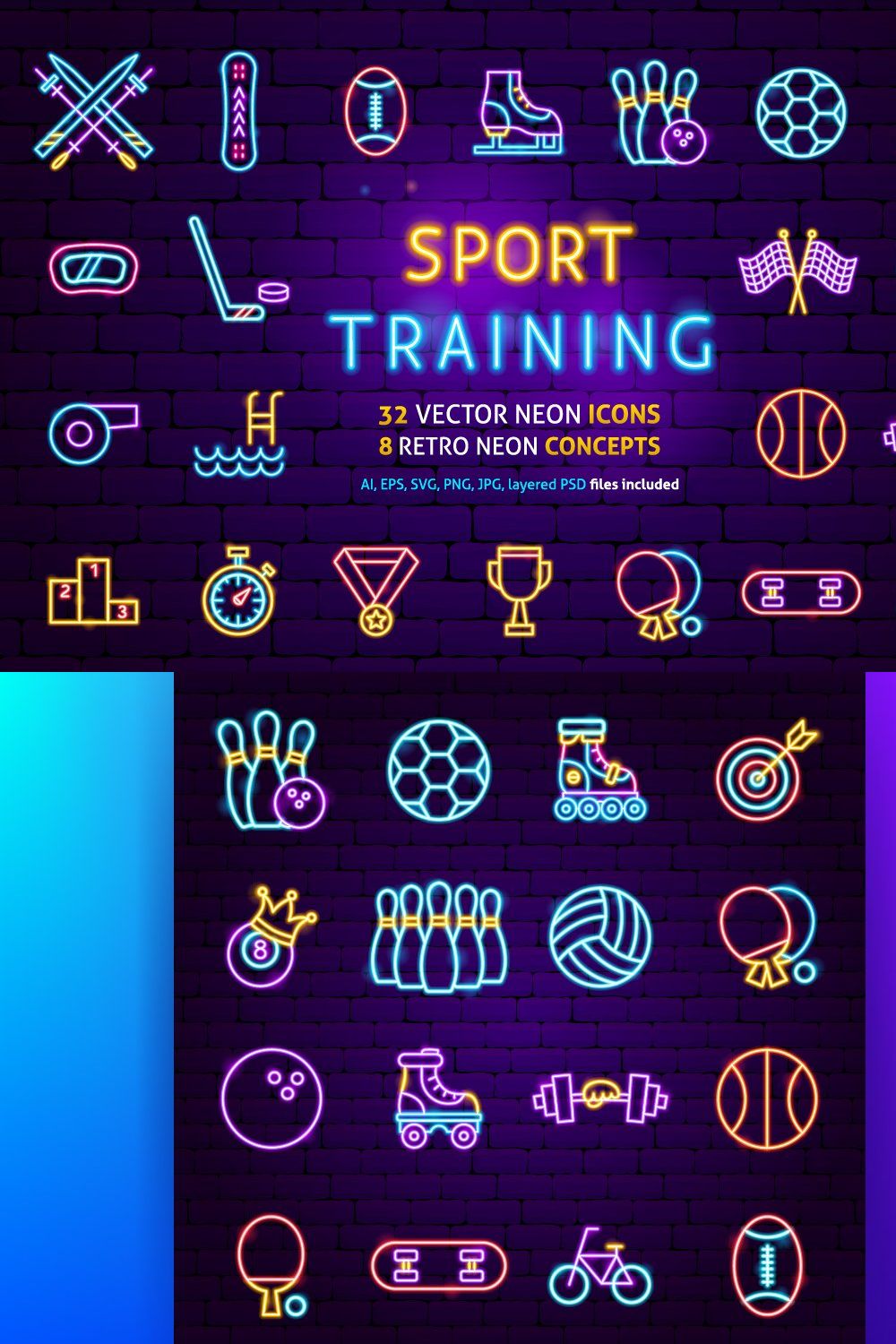 Sport Training Vector Neon Icons Set pinterest preview image.