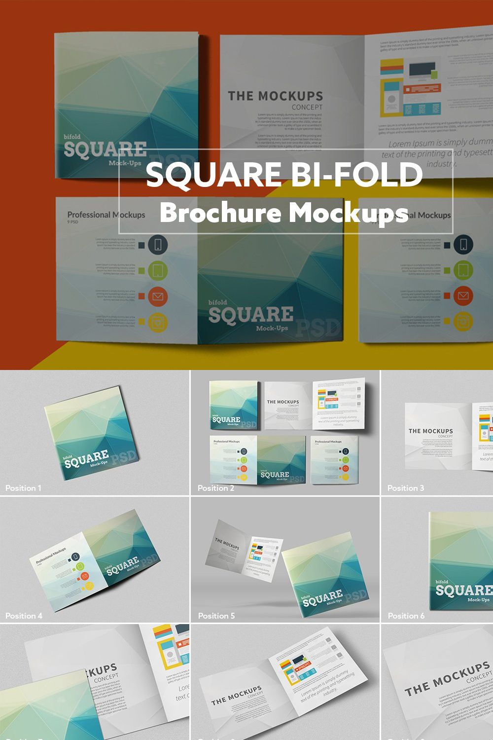 Square Bi-Fold Brochure Mockups pinterest preview image.