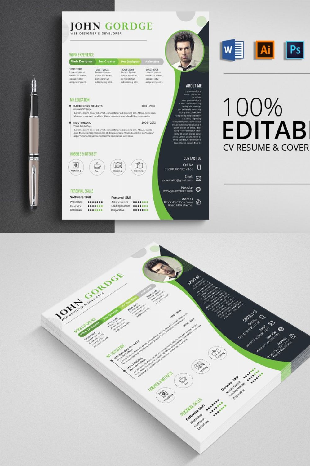 Stylish CV Resume Word Template pinterest preview image.