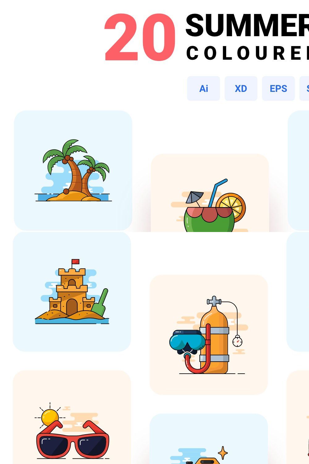 Summer holiday - Coloured icon set pinterest preview image.
