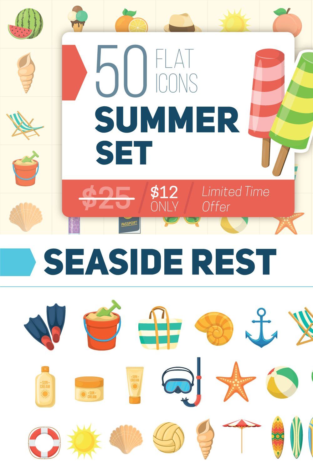 Summer icons set pinterest preview image.