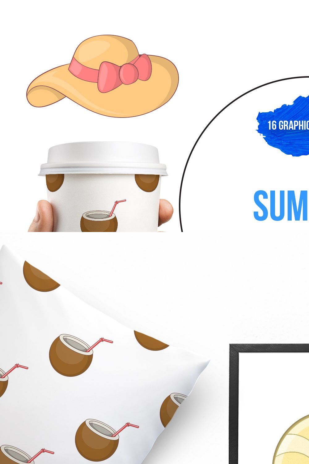 Summer items icons set, cartoon pinterest preview image.