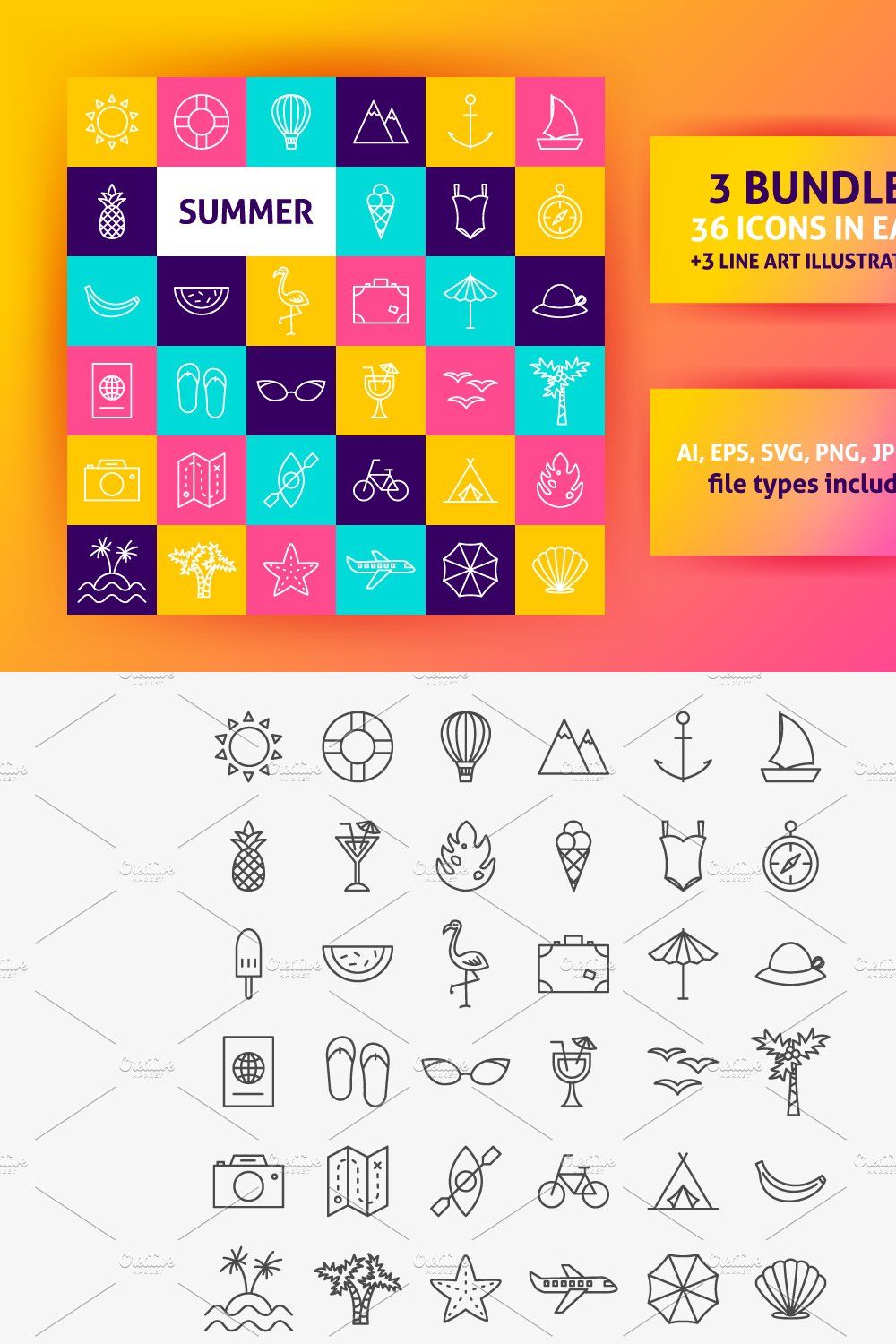 Summer Travel Line Art Vector Icons pinterest preview image.