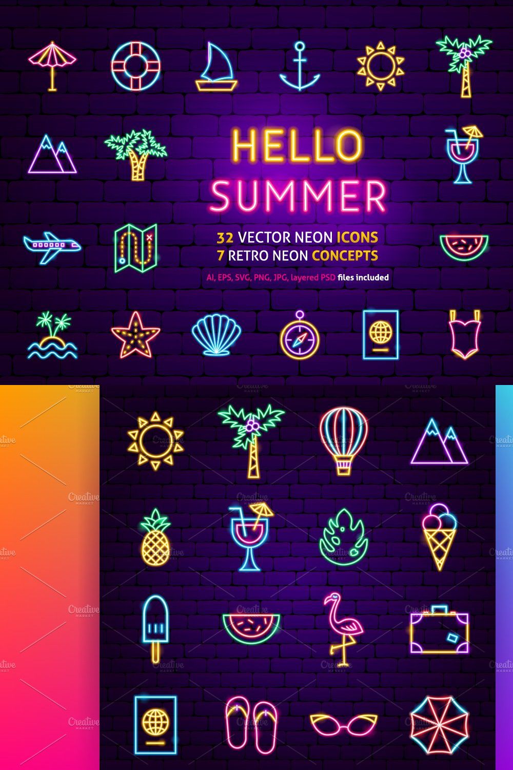 Summer Travel Neon Vector Icons pinterest preview image.