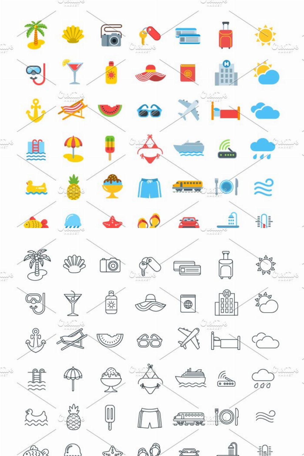 Summer Vacation Travel Vector Icons pinterest preview image.