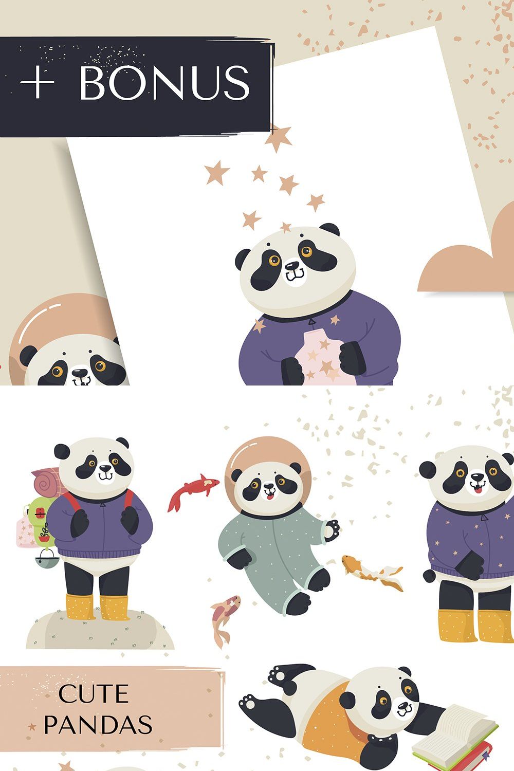 Сute collection of pandas pinterest preview image.