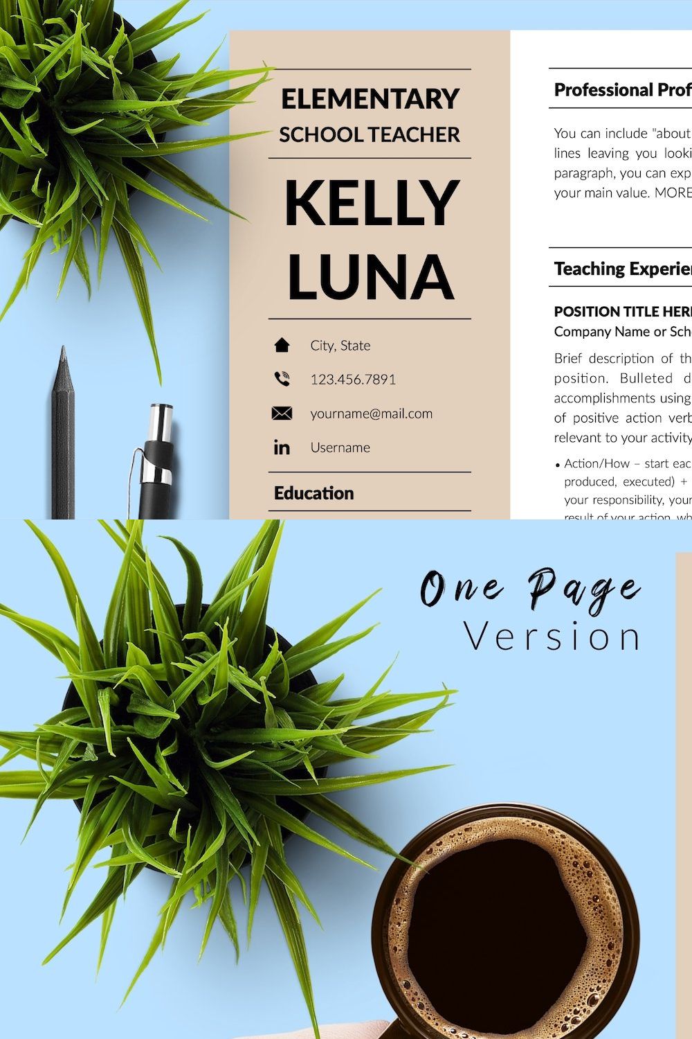 Teacher CV Design / Resume - Kelly pinterest preview image.