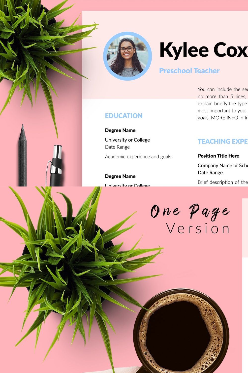 Teacher Resume Design / CV - Kylie pinterest preview image.