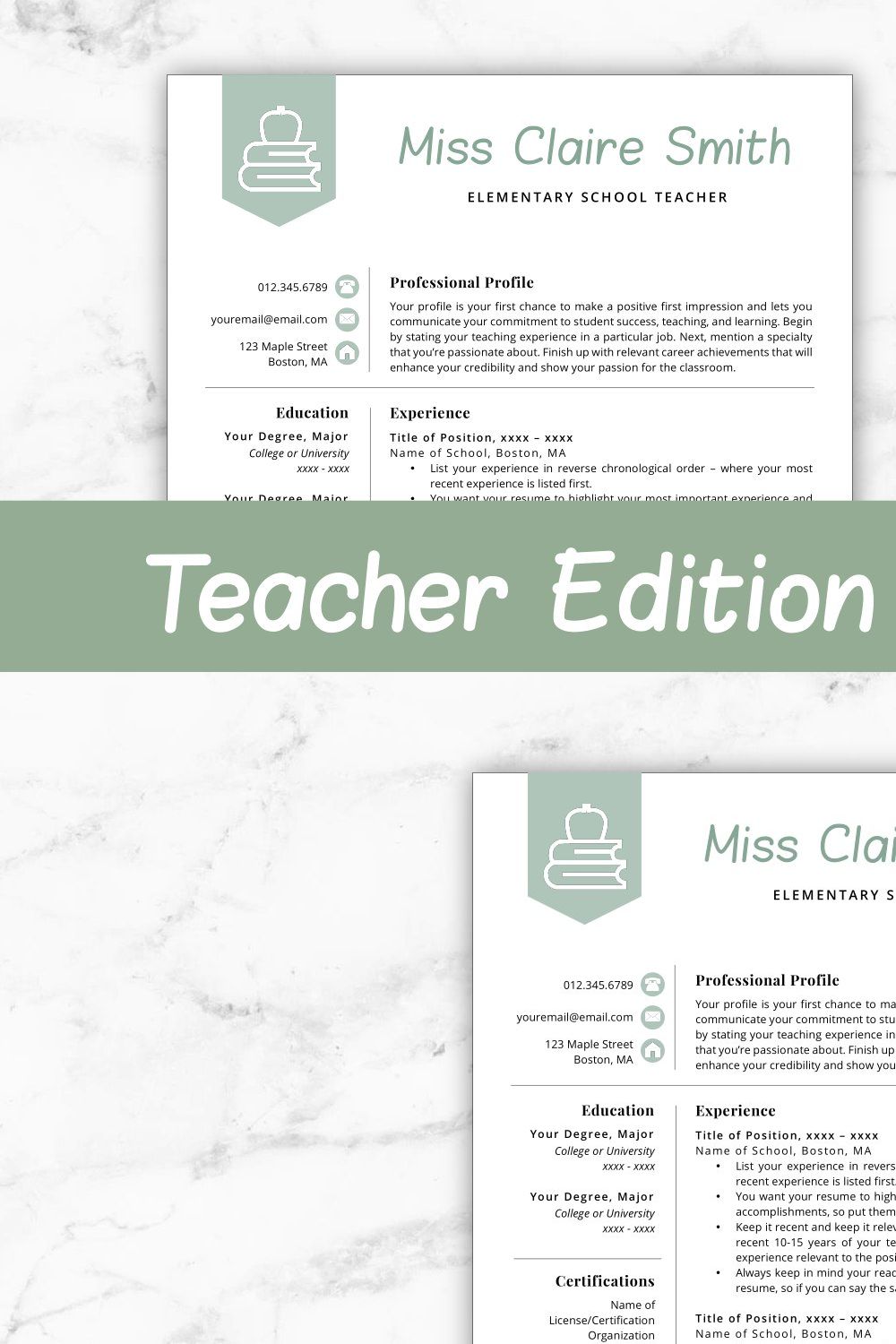 Teacher Resume Template - Claire pinterest preview image.