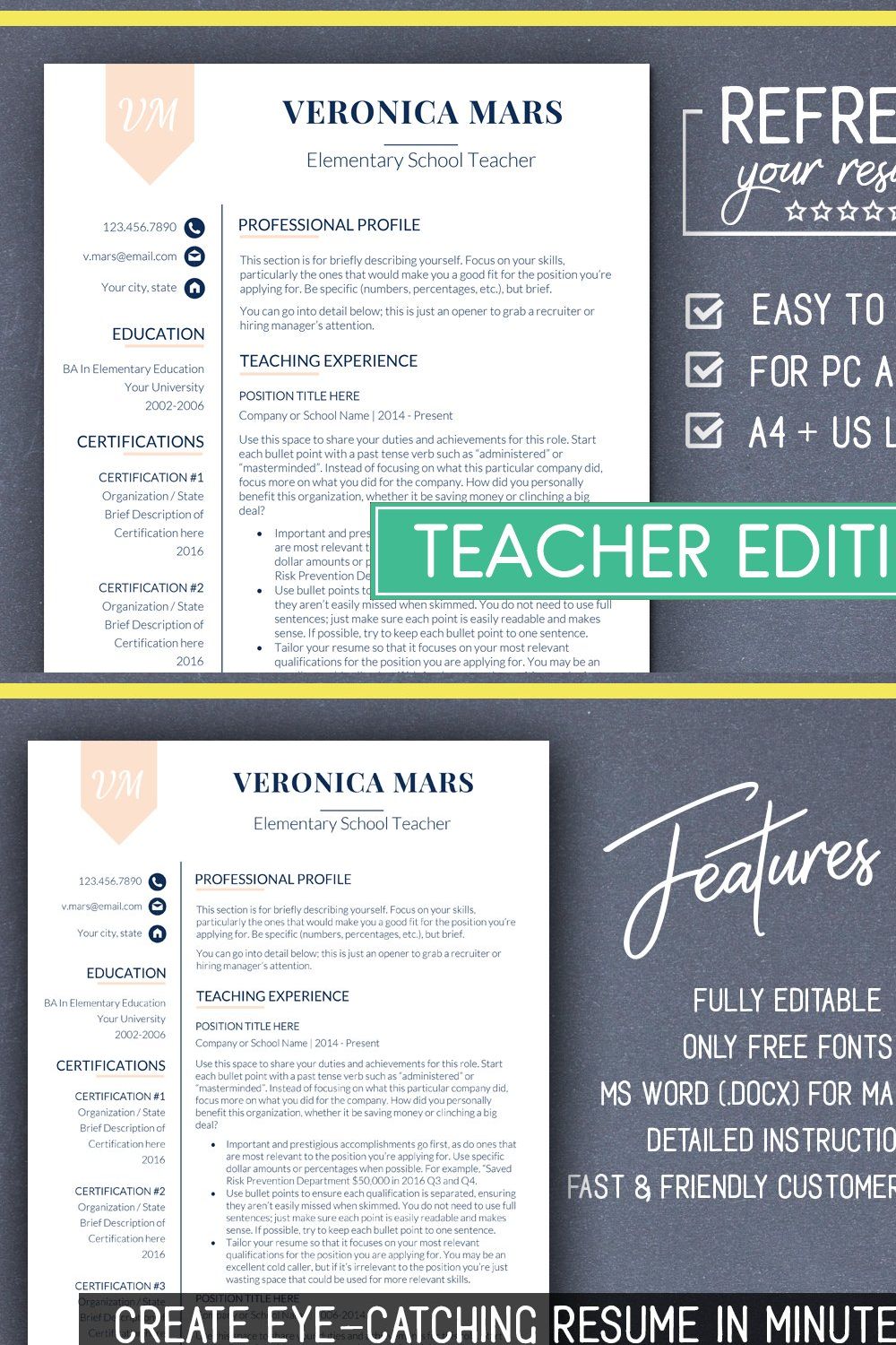 Teacher RESUME Template (MS Word) pinterest preview image.
