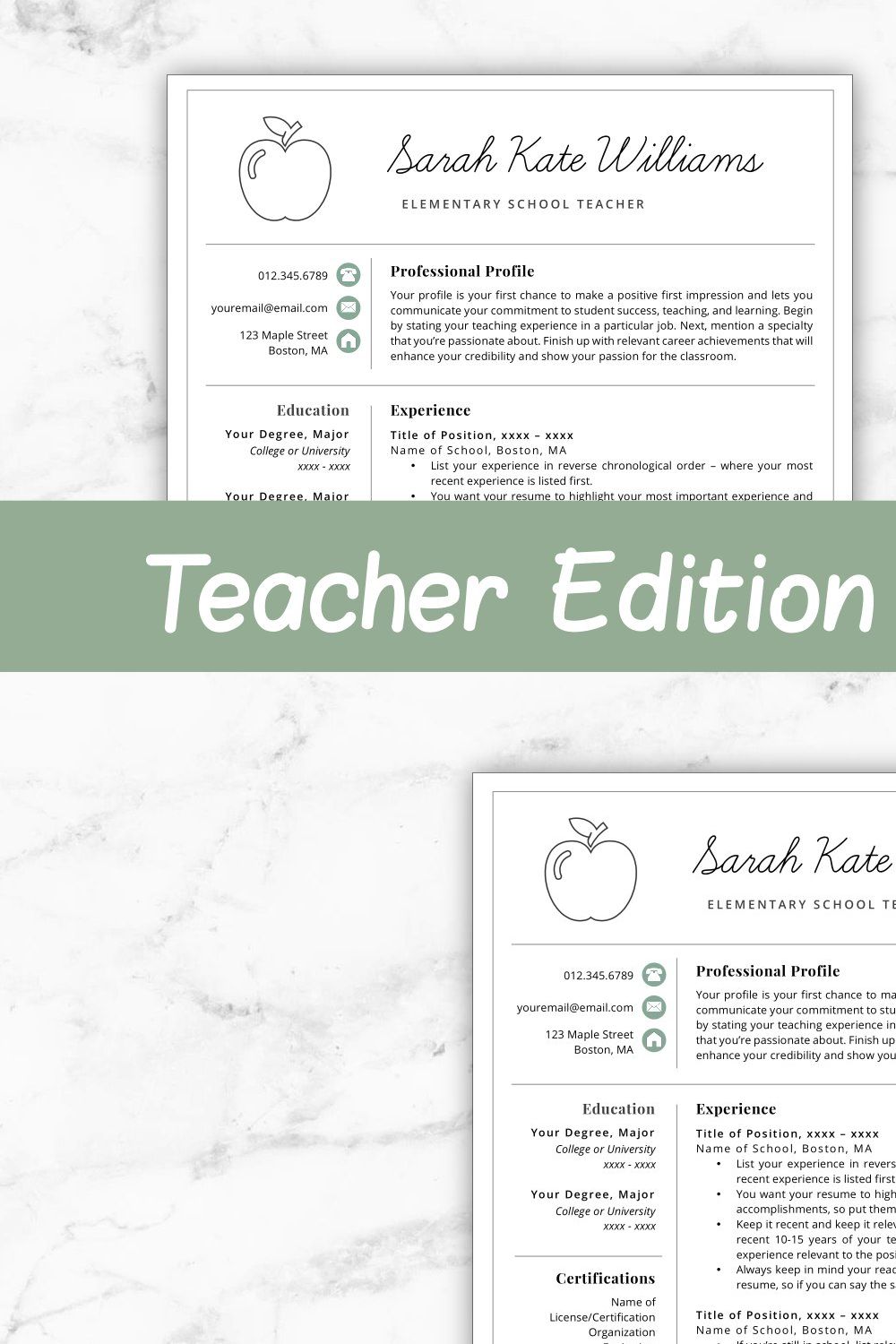 Teacher Resume/CV Template - Sarah pinterest preview image.