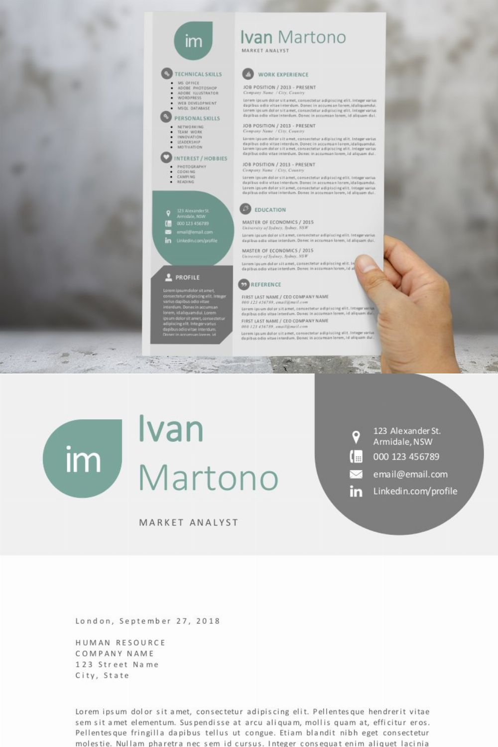 Tear drops 2 in 1 Word resume pinterest preview image.