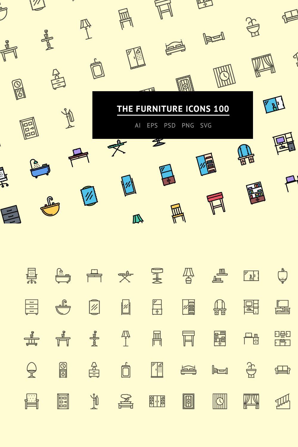 The Furniture Icons 100 pinterest preview image.