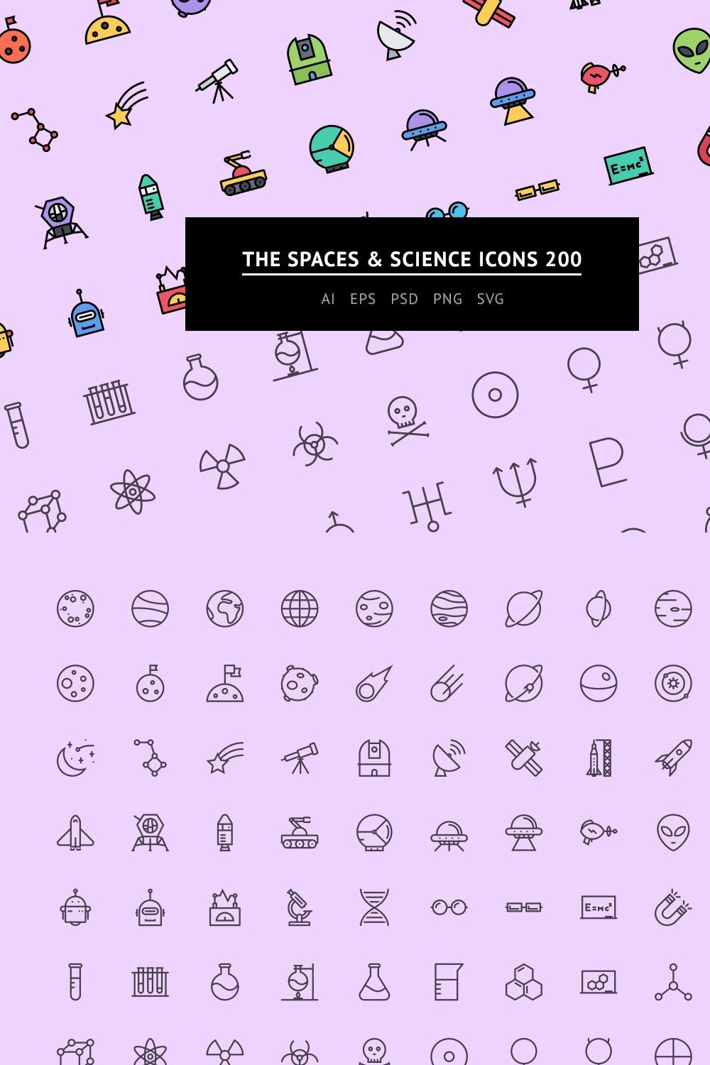 The Spaces & Science Icons 200 pinterest preview image.