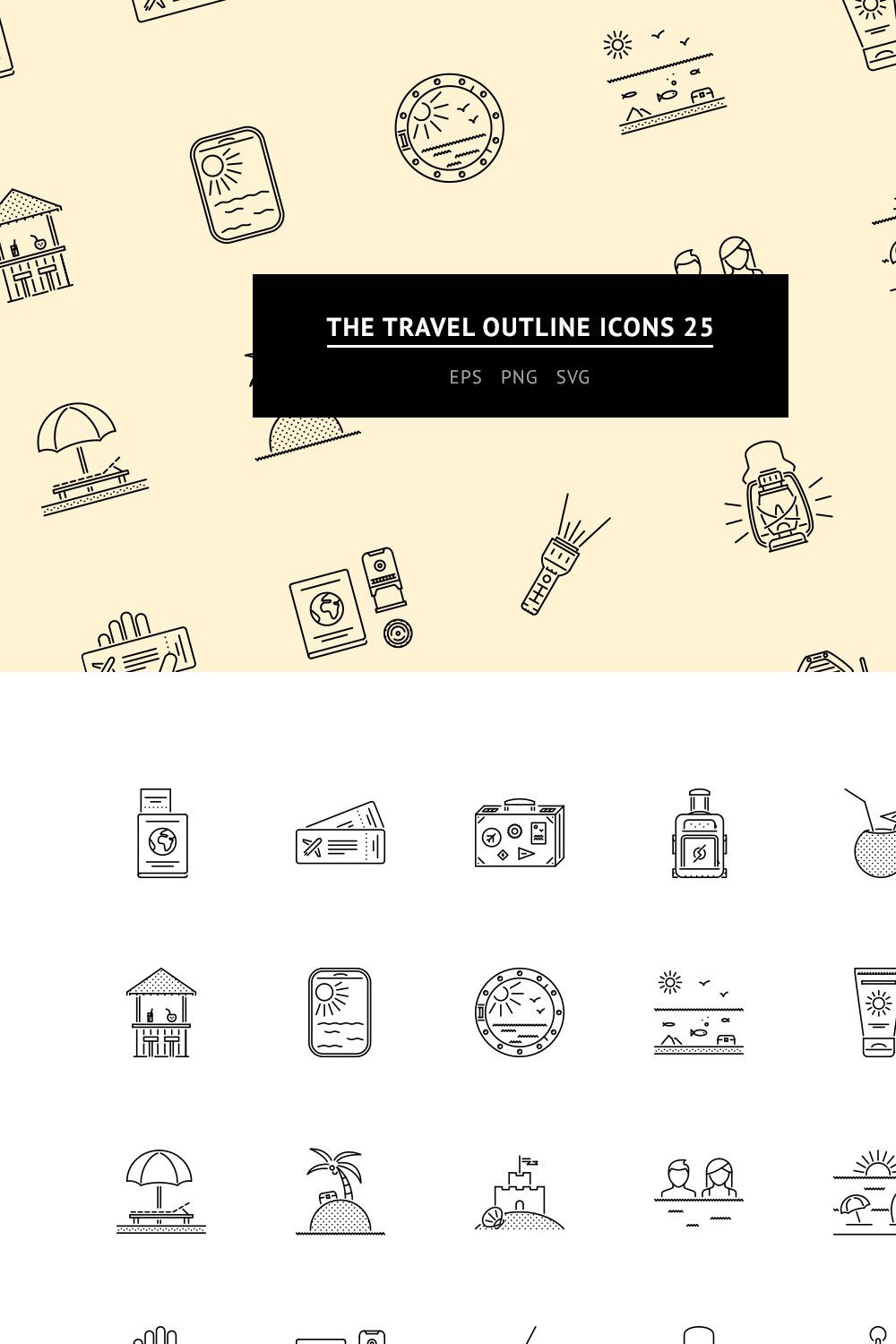 The Travel Outline Icons 25 pinterest preview image.