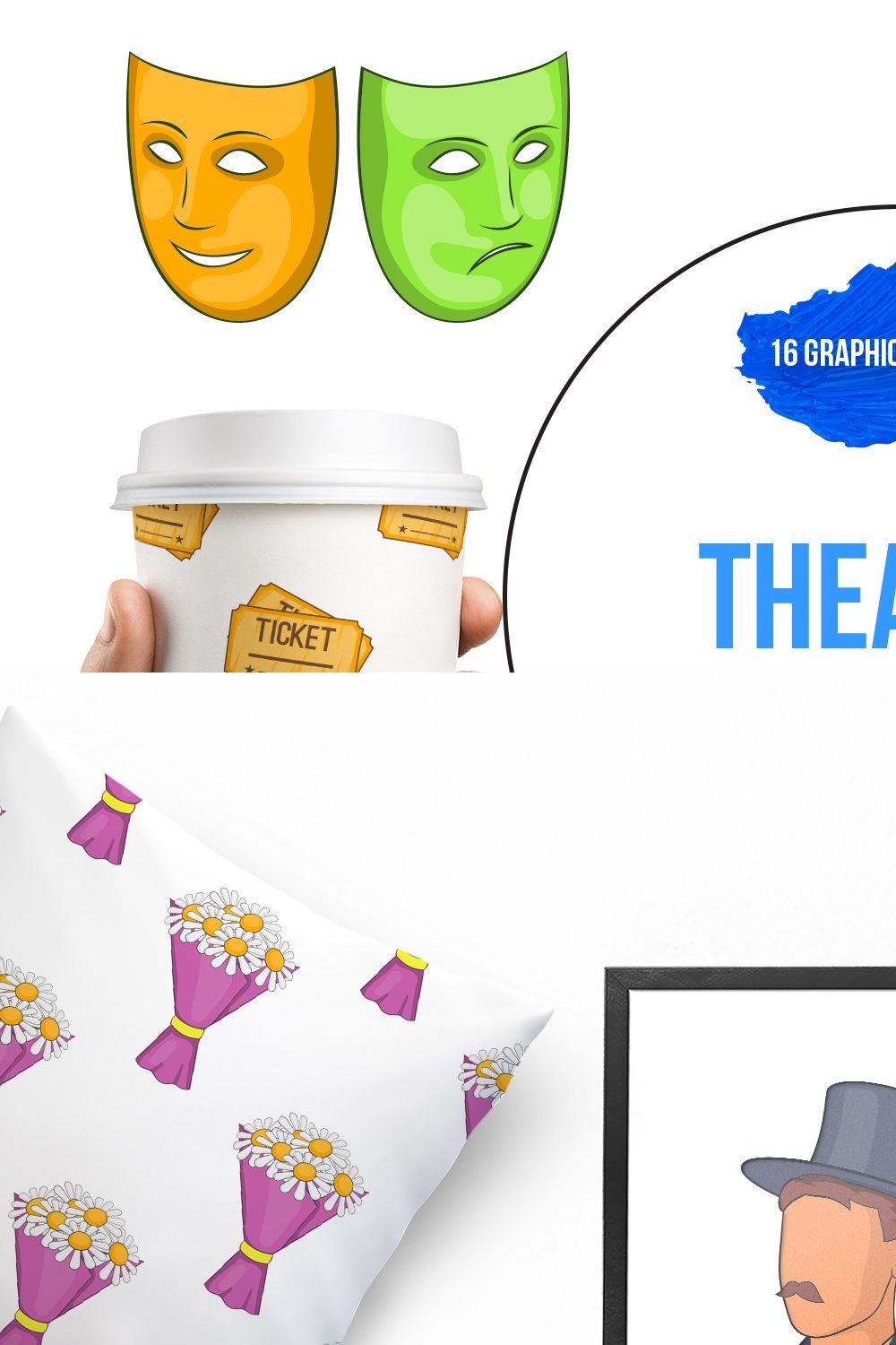 Theatre icons set, cartoon style pinterest preview image.