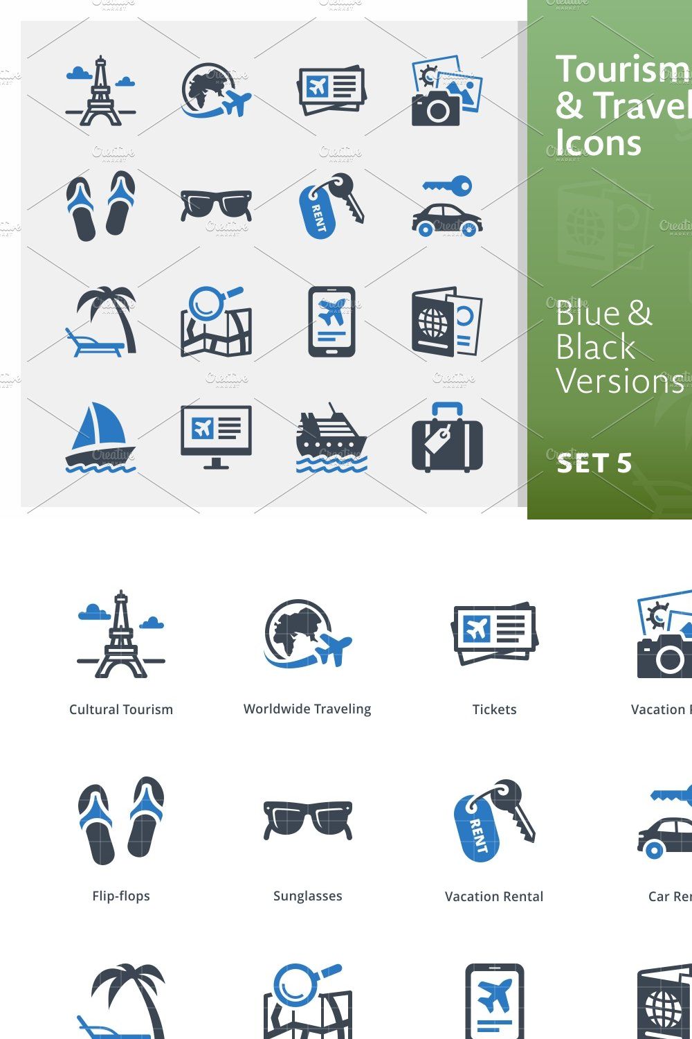 Tourism & Travel Icons Set 5 | Blue pinterest preview image.