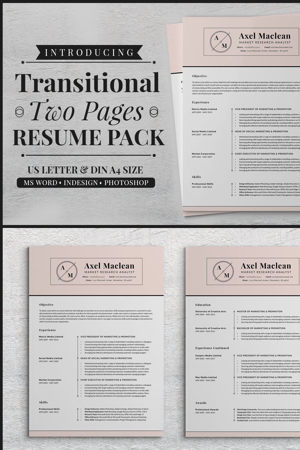 Transitional Two Pages Resume Pack pinterest preview image.