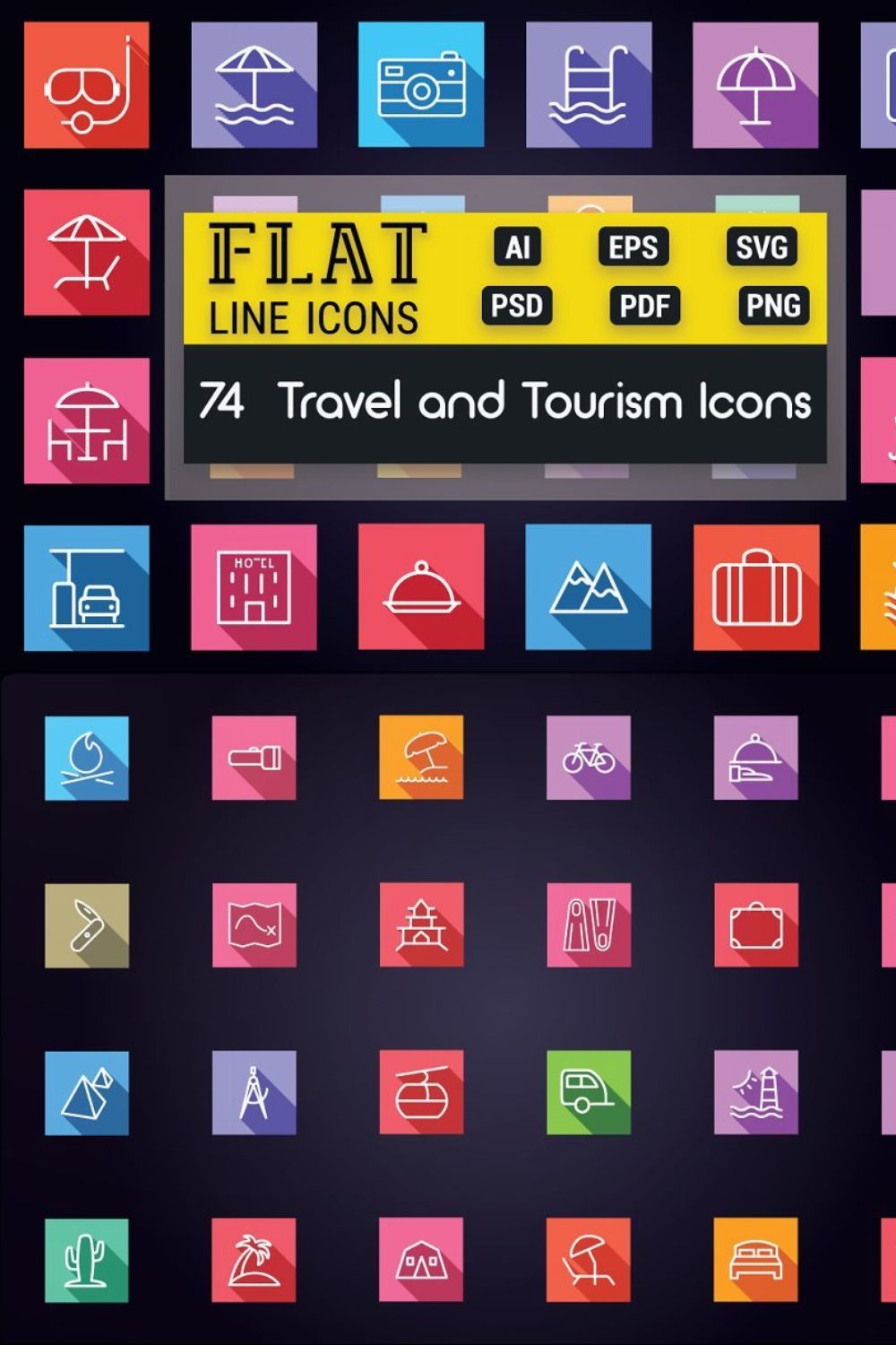 Travel and Tourism Flat Line Icons pinterest preview image.