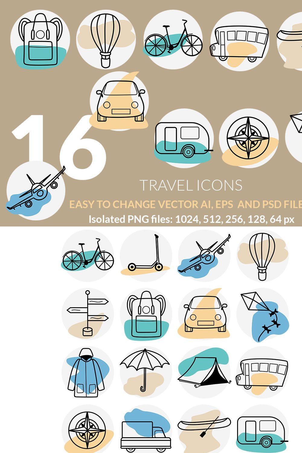Travel and vacation icons set pinterest preview image.
