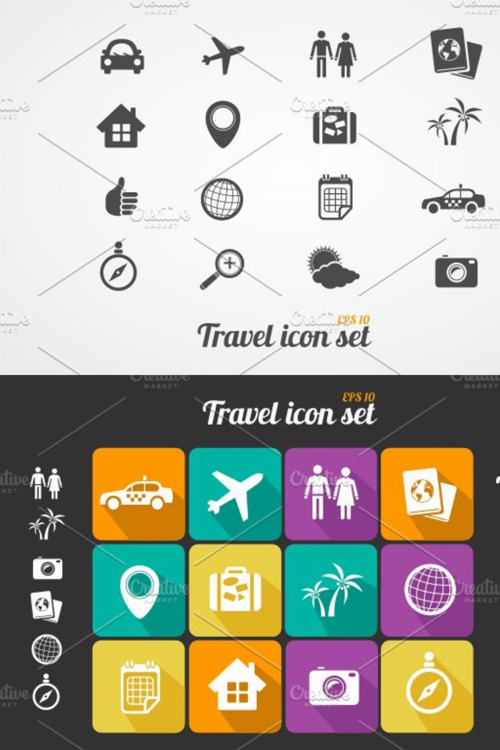 Travel icons set. Black white pinterest preview image.