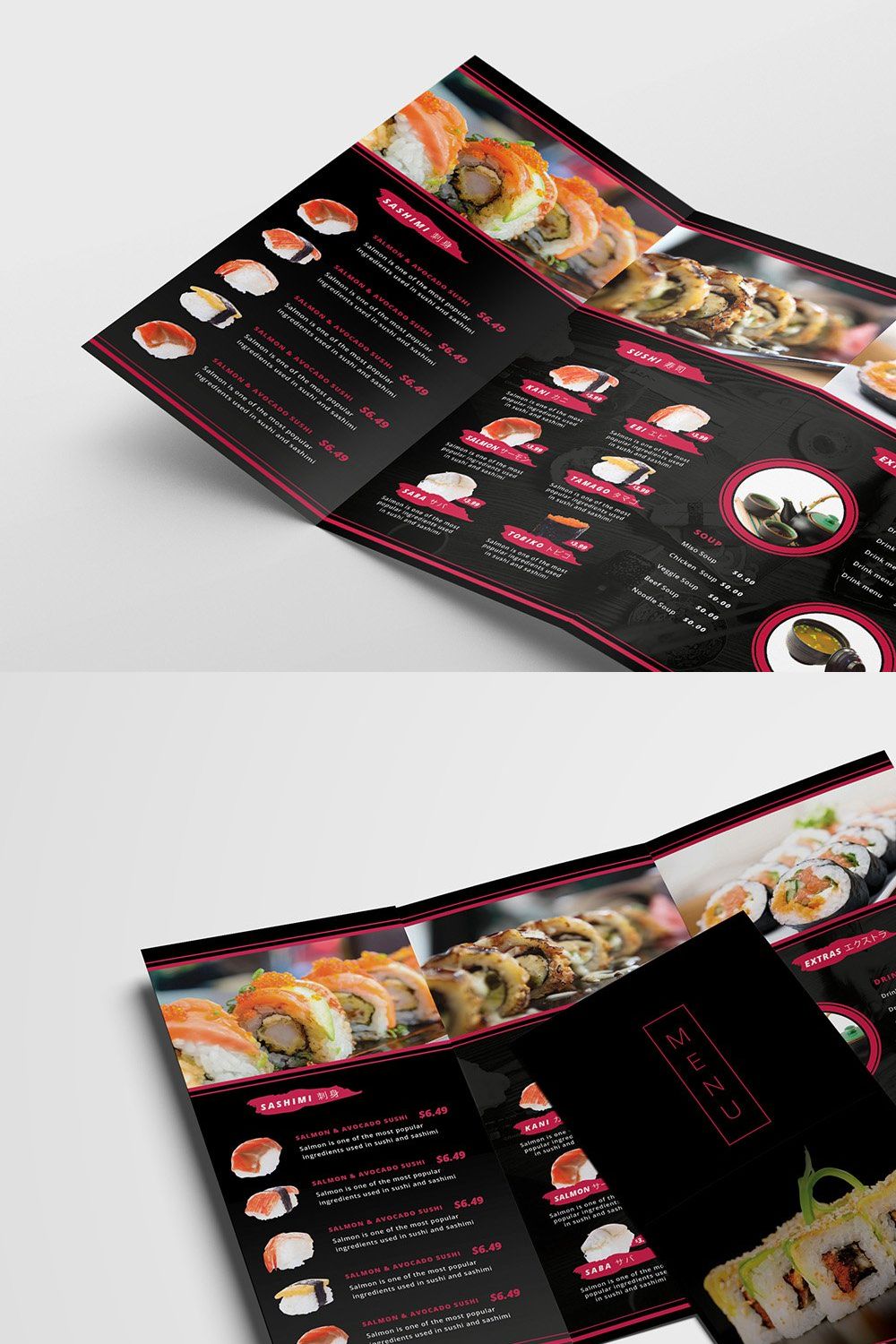 Trifold Sushi Menu Template pinterest preview image.