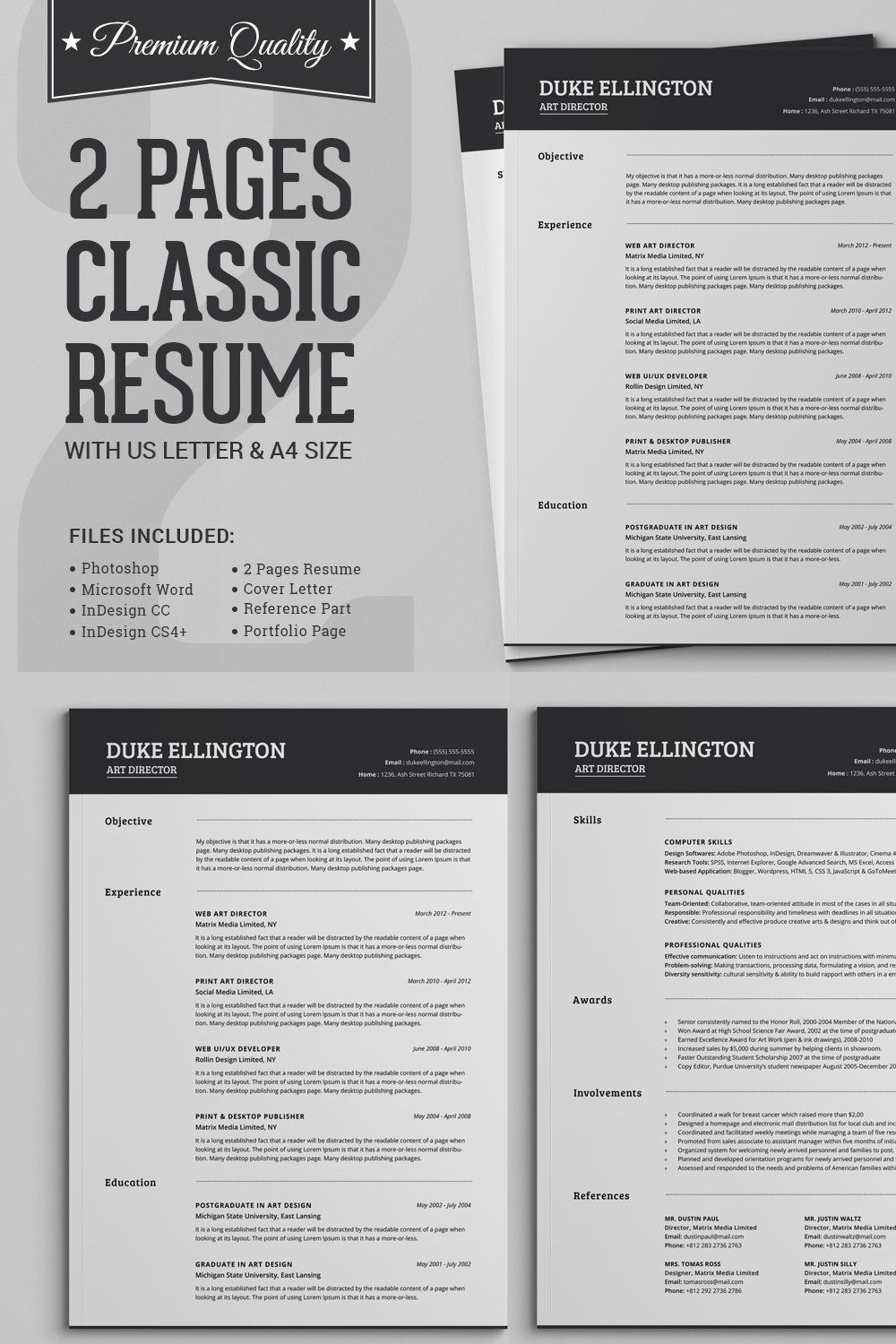 Two Pages Classic Resume CV Template pinterest preview image.