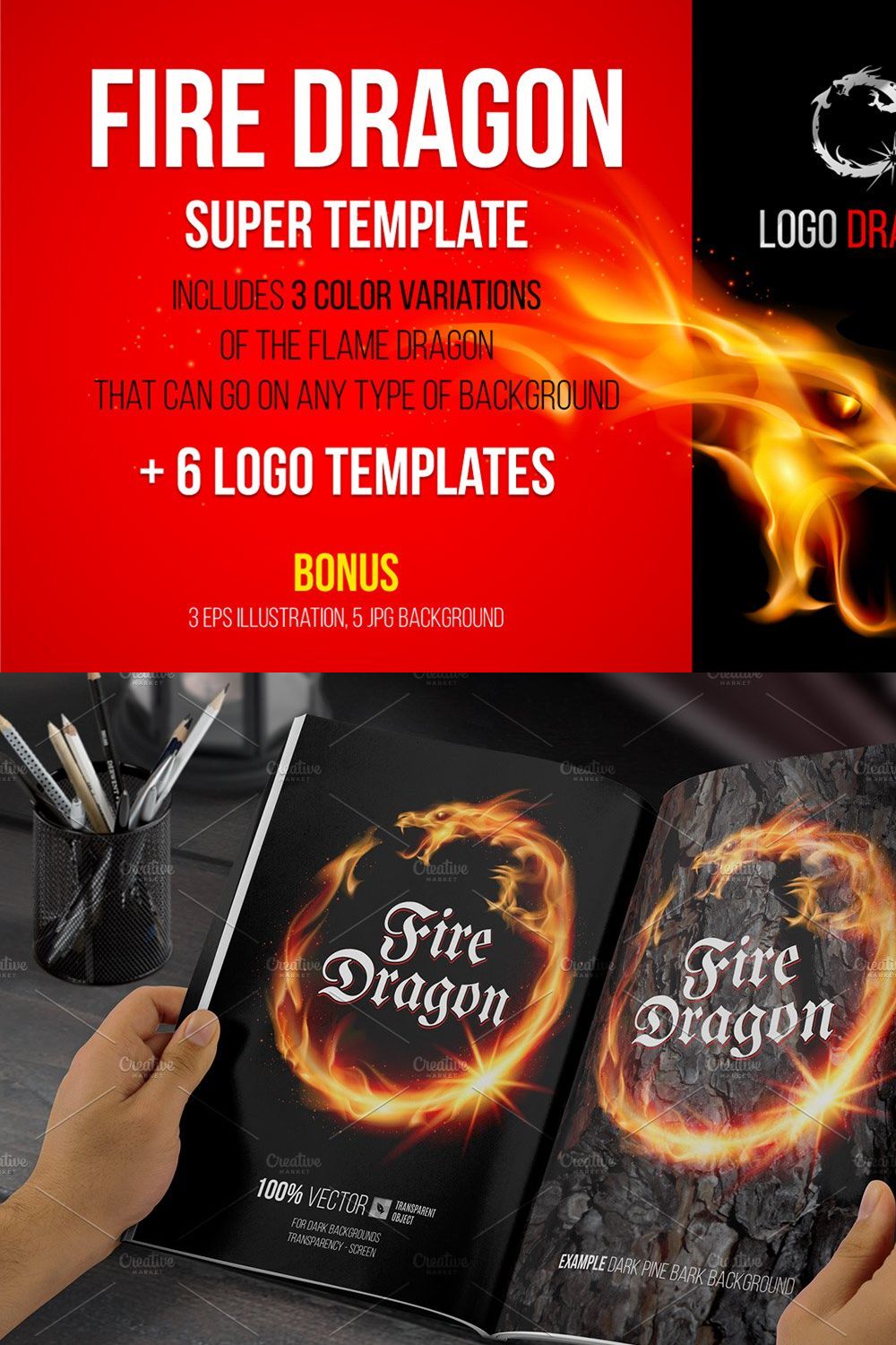 Vector Illustration of Fire Dragon pinterest preview image.