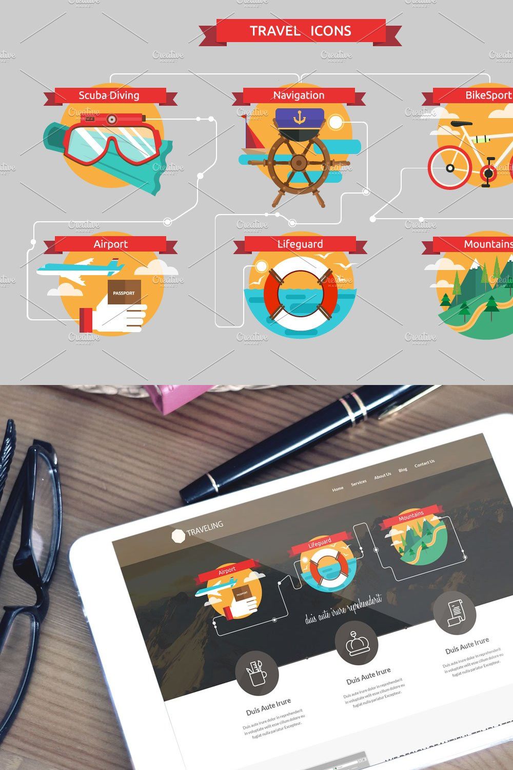 Vector traveling icons pinterest preview image.