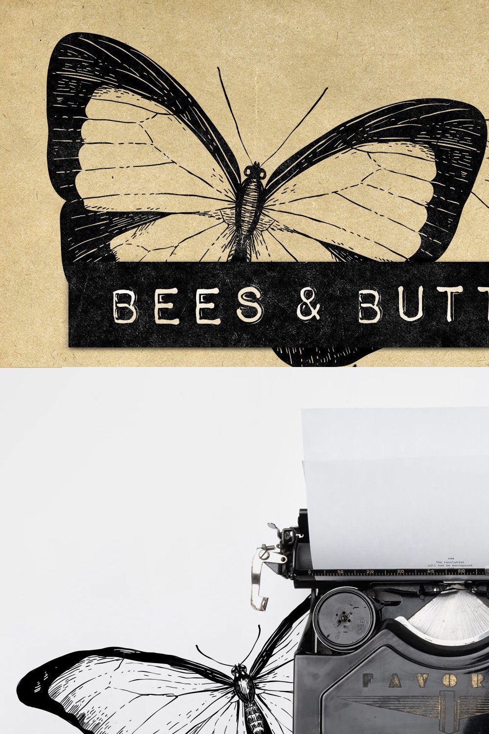 Vintage Bee Butterfly Illustrations pinterest preview image.