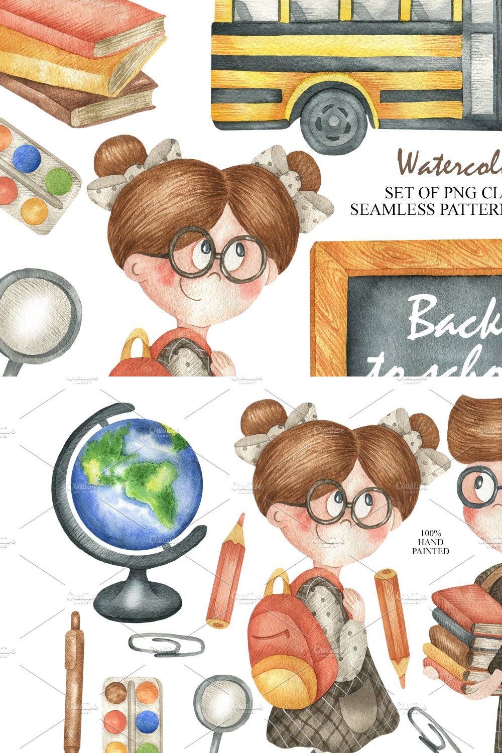Watercolor Back to School Clipart pinterest preview image.