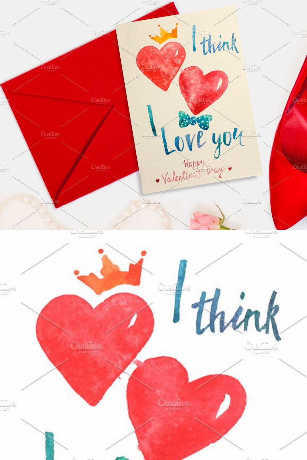 Watercolor lettering Valentine card pinterest preview image.