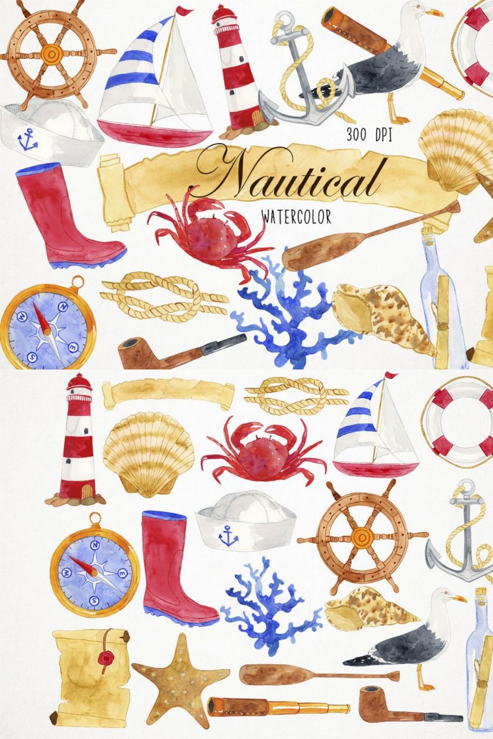 Watercolor Nautical Clipart pinterest preview image.