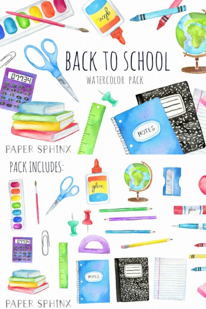 Watercolor School Supplies Art Pack – MasterBundles