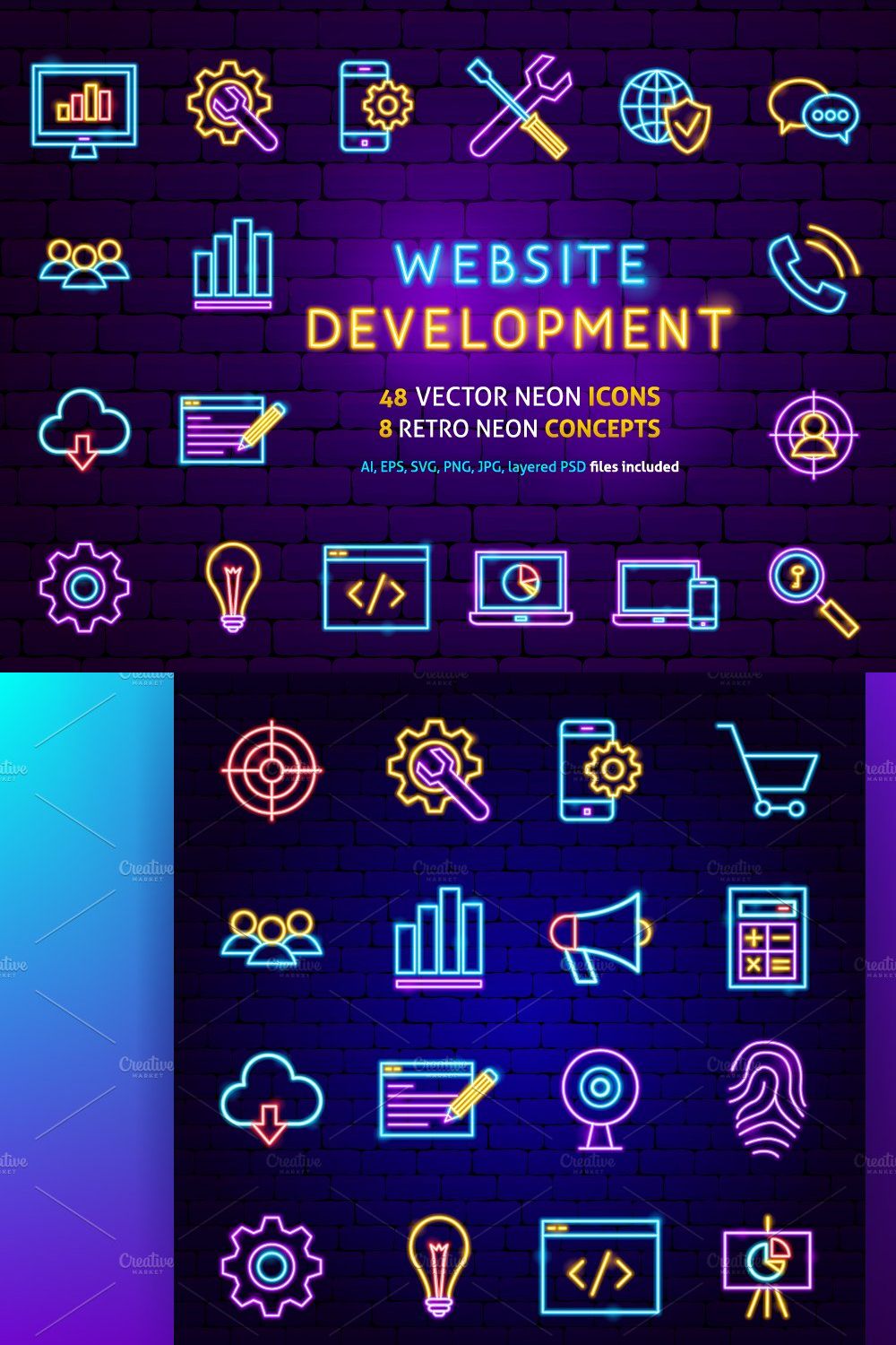 Web Development SEO Neon Icons Set pinterest preview image.