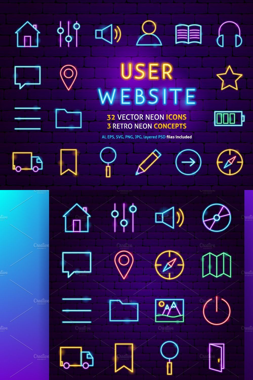 Web UI UX Neon Vector Icons Set pinterest preview image.