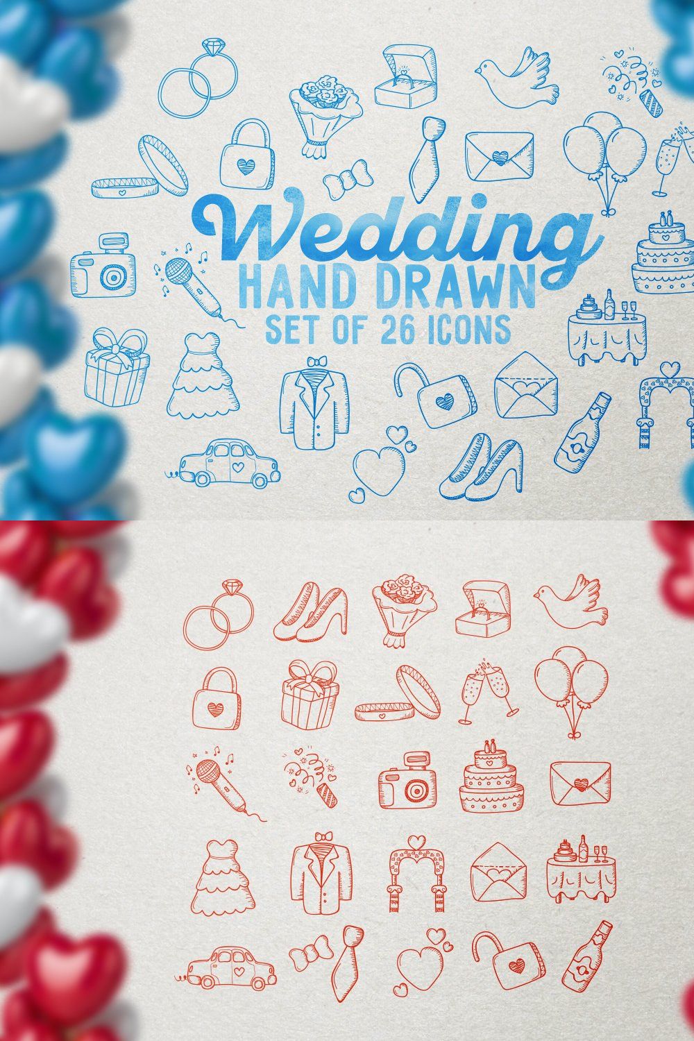 Wedding Hand Drawn Icons Set pinterest preview image.