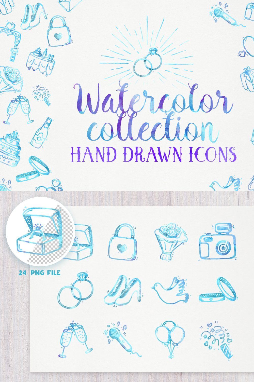 Wedding icons - Watercolor set pinterest preview image.