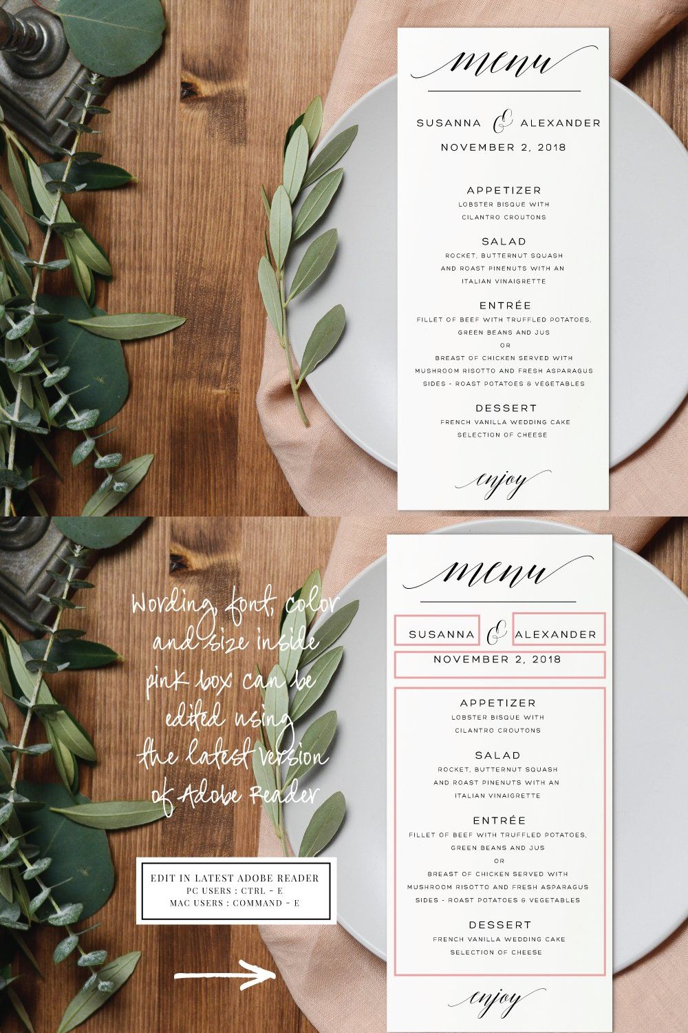 Wedding Menu - Editable PDF pinterest preview image.