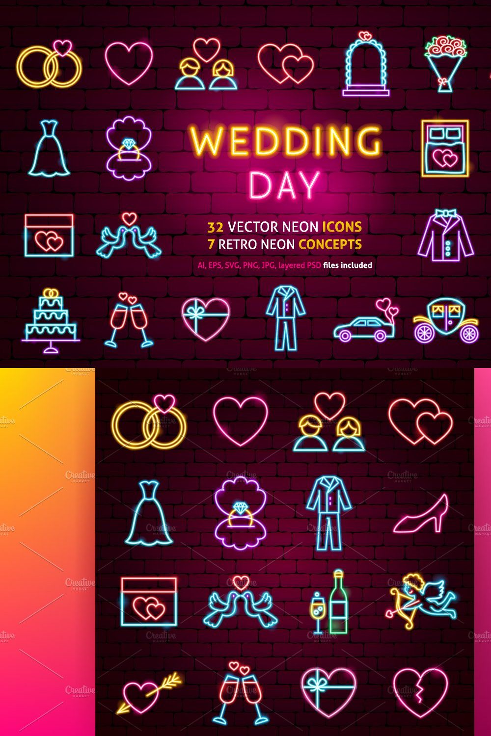 Wedding Save the Date Neon Icons pinterest preview image.