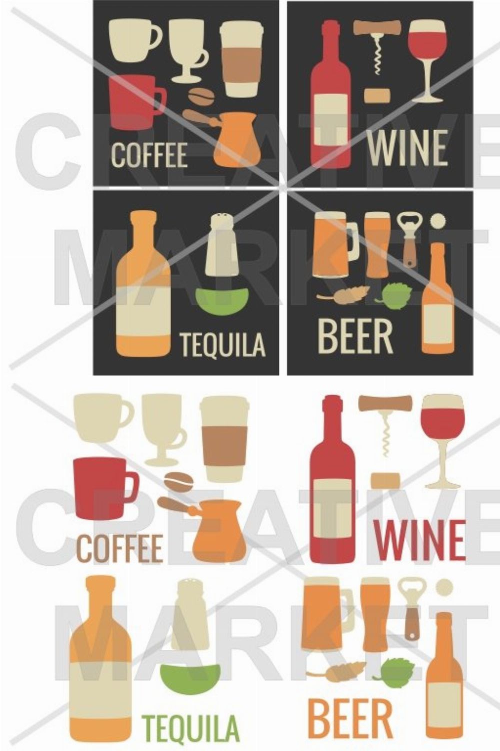 Wine, coffee, beer, tequila icon pinterest preview image.