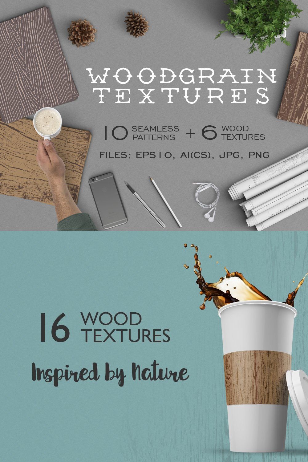 Woodgrain textures. Vector patterns pinterest preview image.