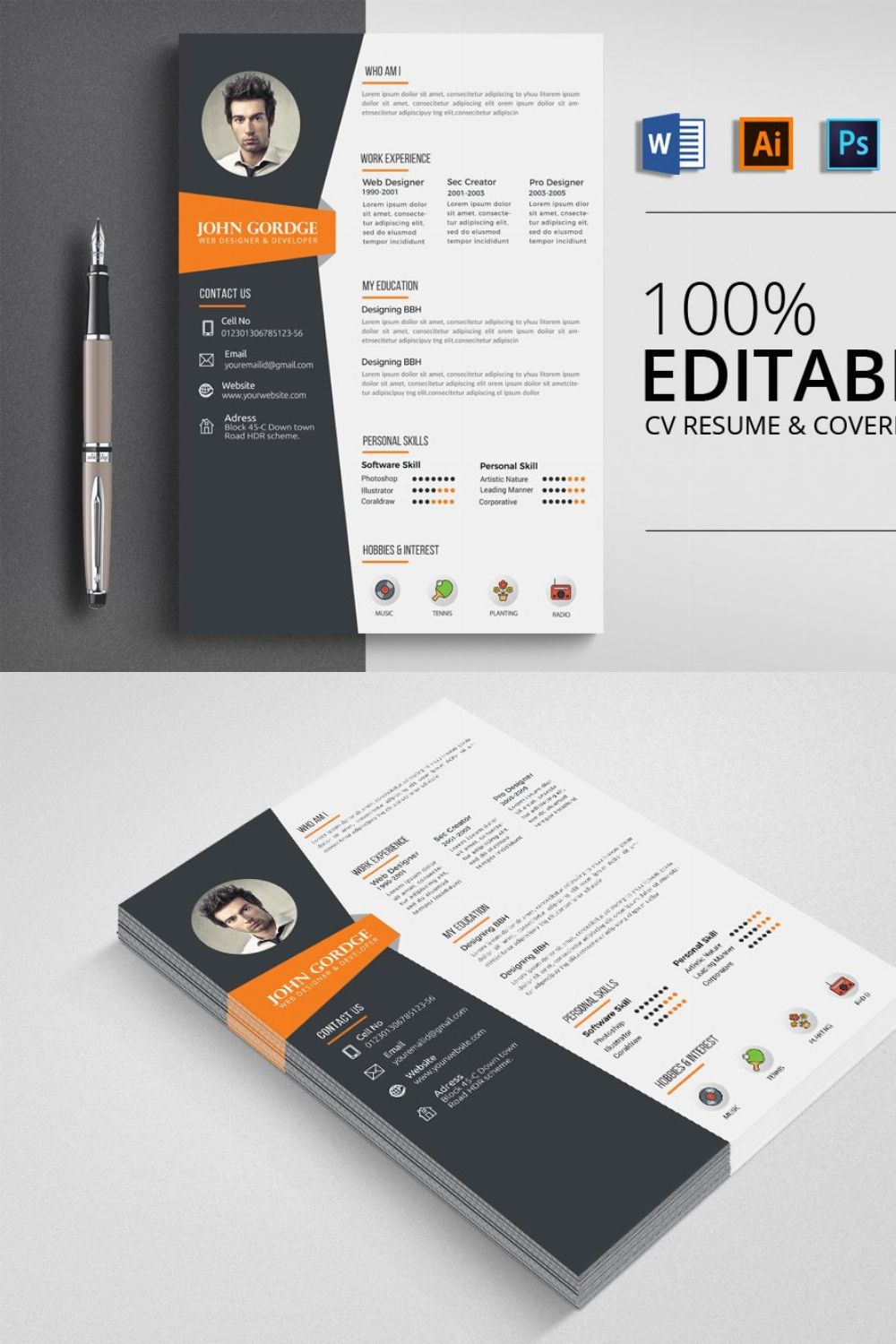 Word CV Resume Template pinterest preview image.