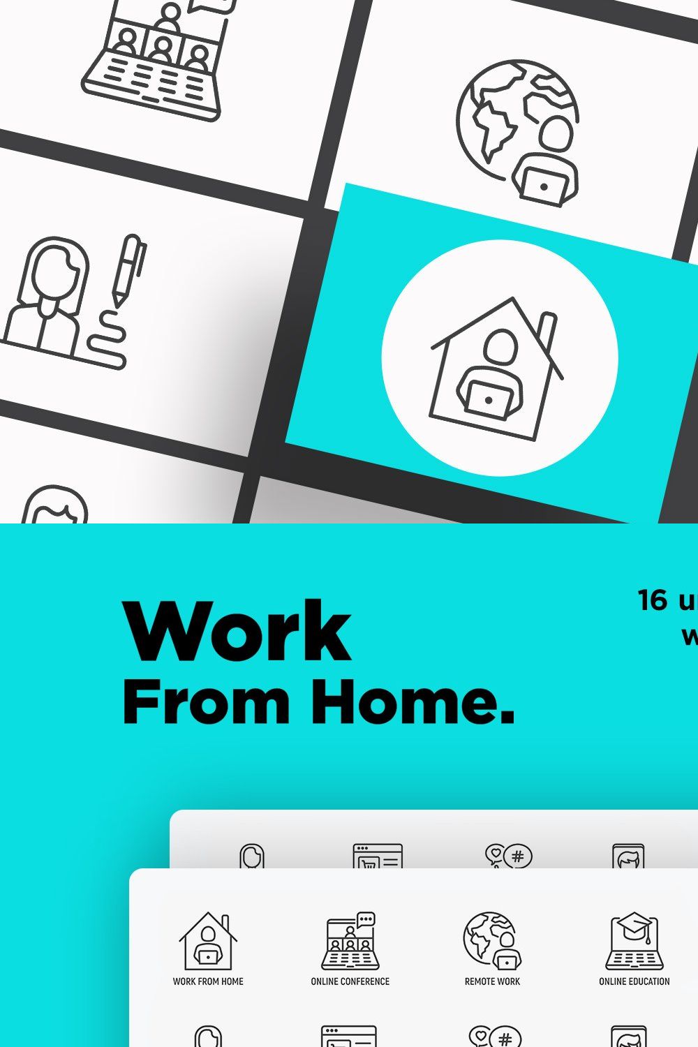 Work From Home  | 16 Thin Line Icons pinterest preview image.